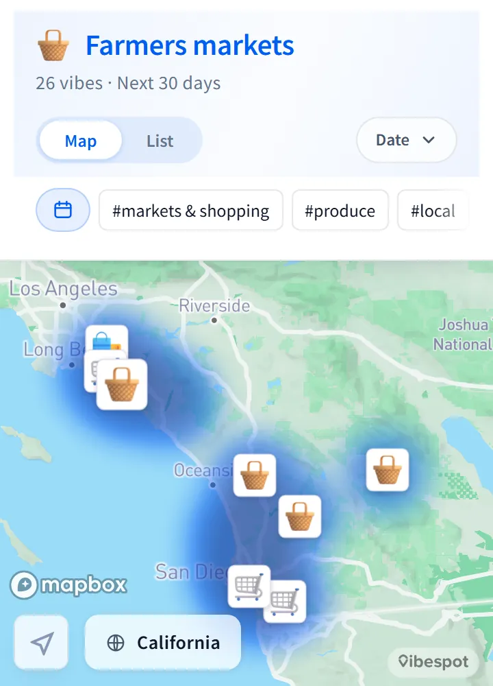 Preview of the live map showing farmers market Vibes across Southern California over the next 30 days