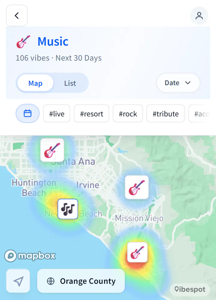 Preview of the live map showing music Vibes across Orange County over the next 30 days